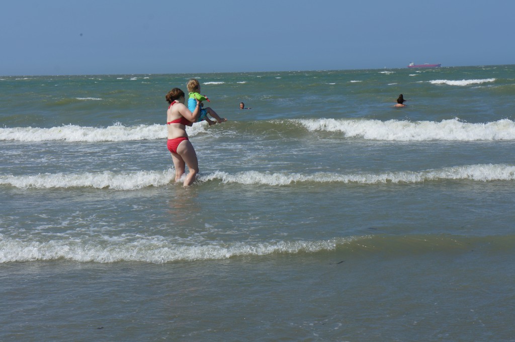 Enjoying the waves with Maman
